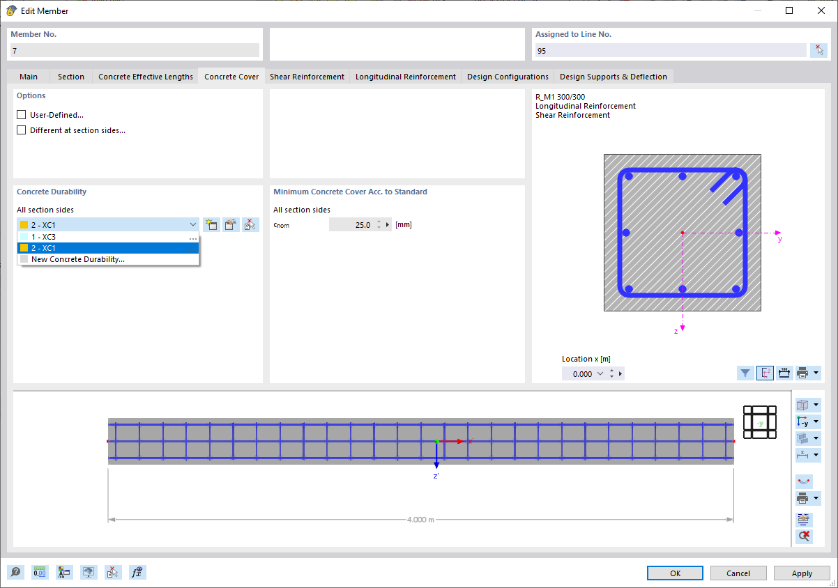 Присвоение типа прочности бетона стержню в диалоговом окне