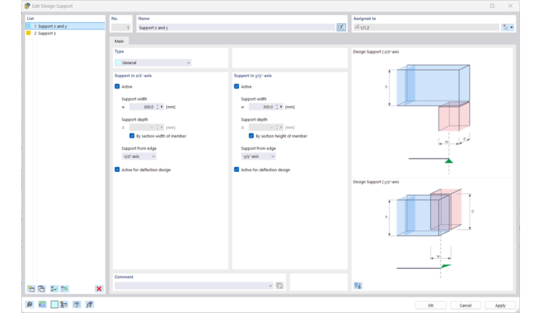 Диалог 'Редактирование опор для расчета'