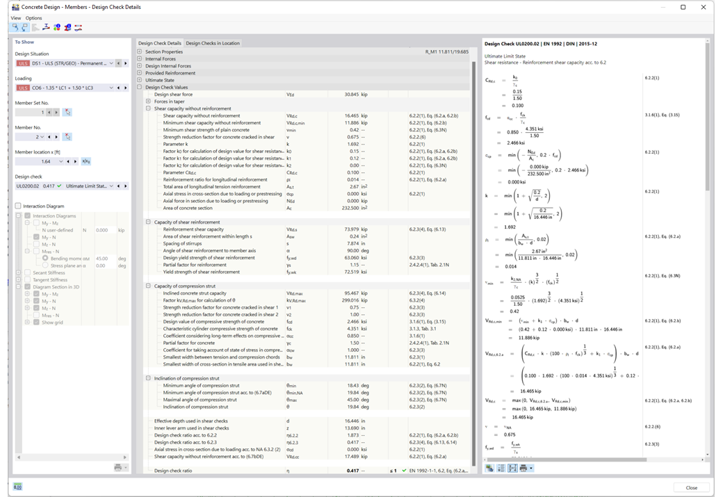 Detaillierte Ausgabe der Nachweise (mit Hinweisen auf verwendete Gleichungen aus der Norm)