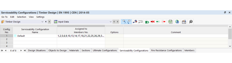 Таблица входных данных для конфигураций предельного состояния по пригодности к эксплуатации деревянных конструкций
