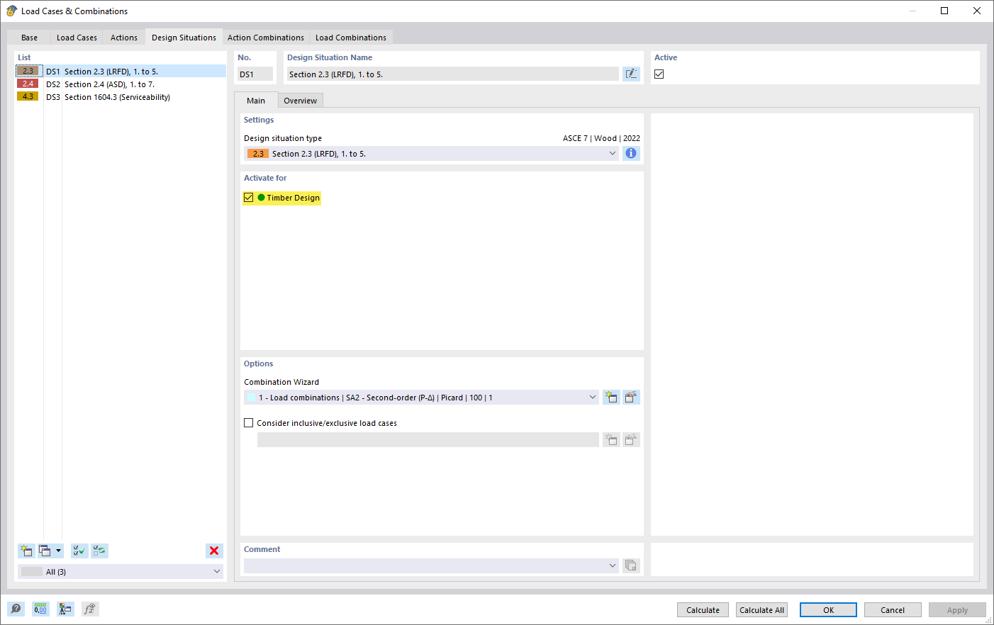 Активация расчетной ситуации для расчета деревянных конструкций