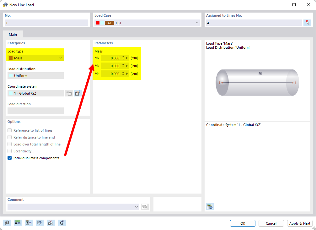 Определите линейную нагрузку с помощью типа нагрузки 'Масса'