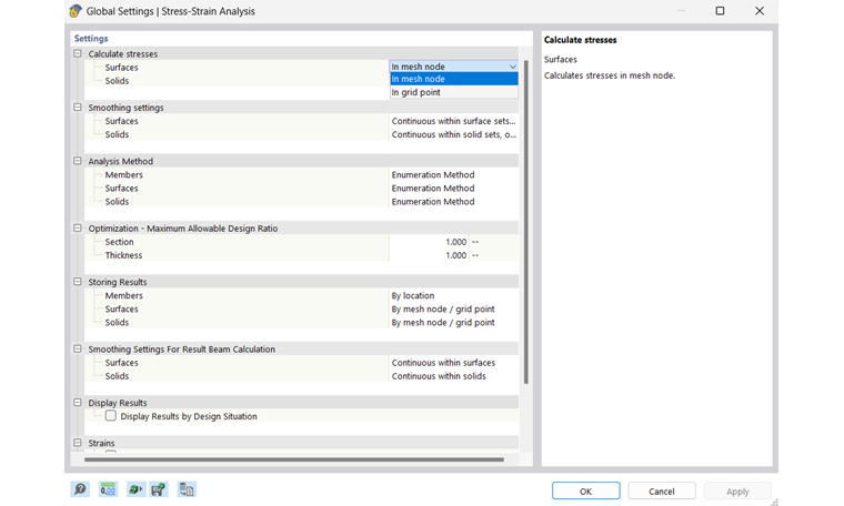 Глобальные настройки расчёта напряжения-деформации