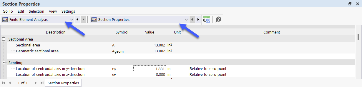Таблицы для категории «Анализ тонкостенных конструкций» и подкатегории «Параметры сечения»