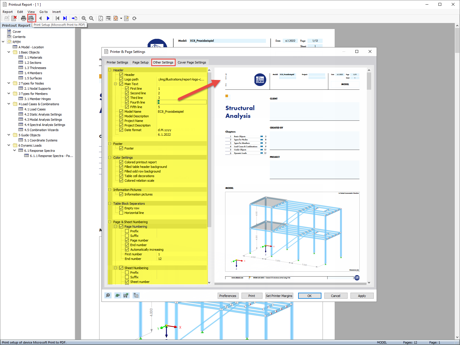 FAQ 005172 | Можно ли в RFEM 6/RSTAB 9 скорректировать расположение (например, заголовок) в протоколе результатов?