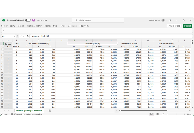 Таблица в Excel с главными внутренними силами и моментами
