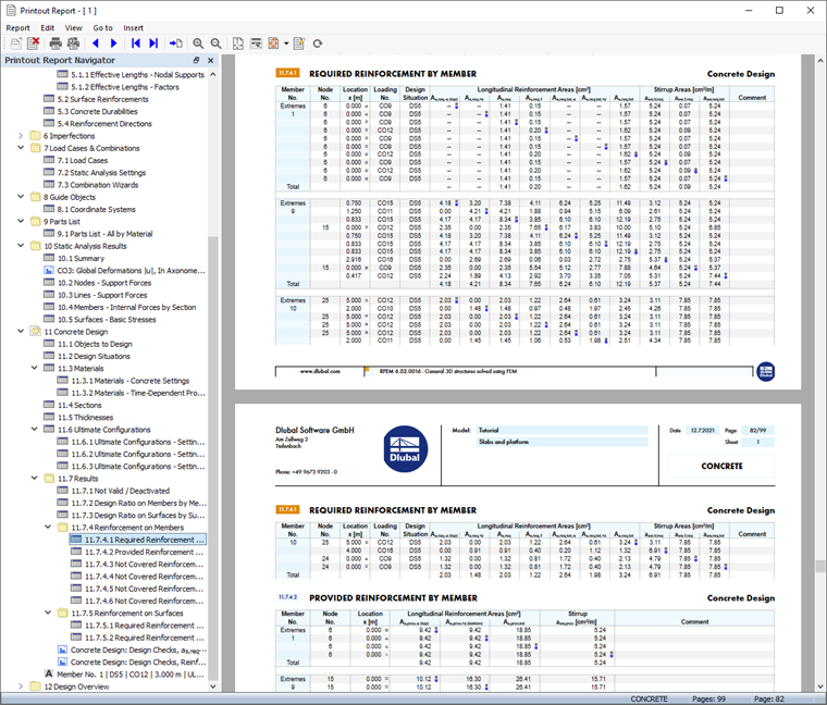 "Необходимое армирование по элементам" раздел в отчетах печати