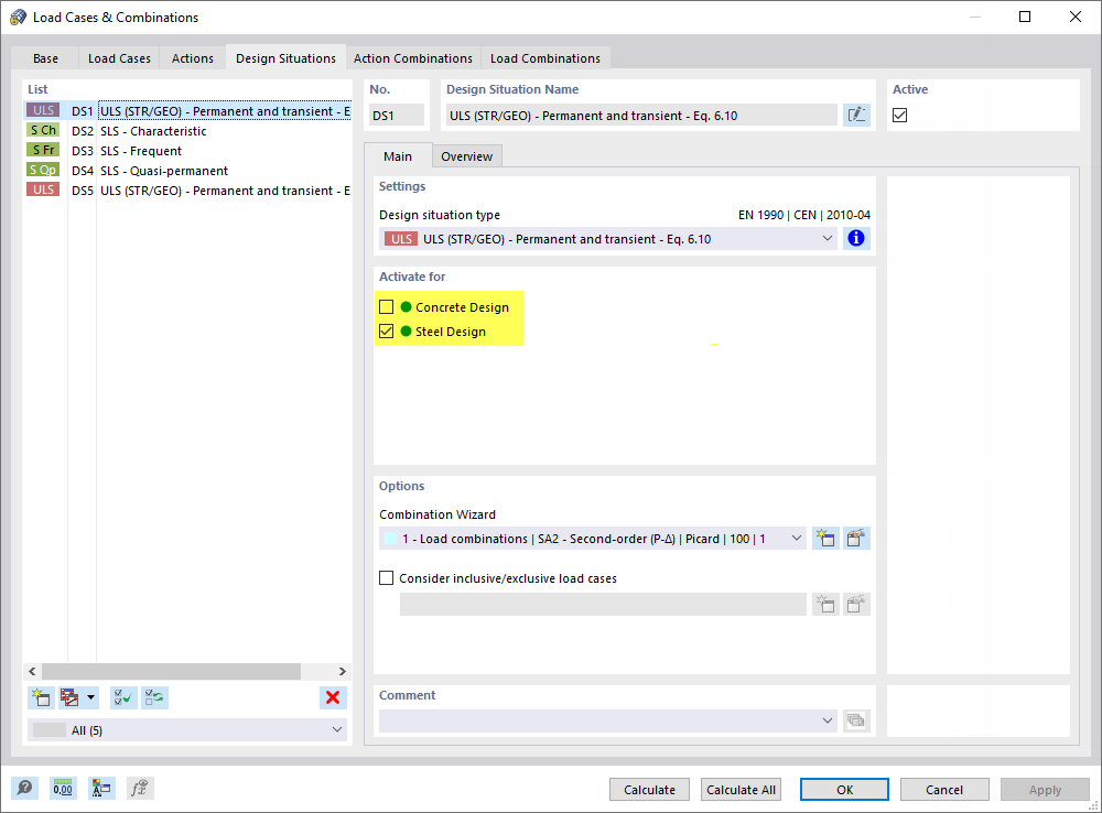 Дизайнерская ситуация "DS1" согласно второго порядка анализа для стального проектирования