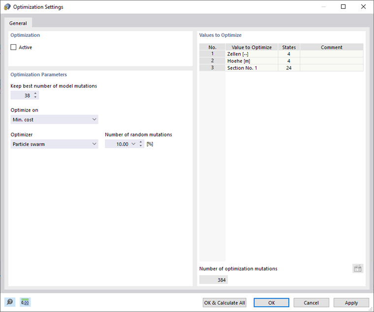 Диалоговое окно «Параметры оптимизации»