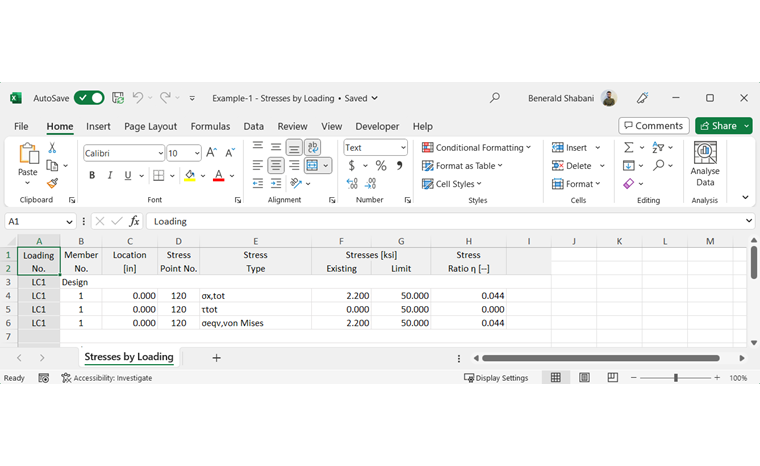 Таблица Excel с напряжениями