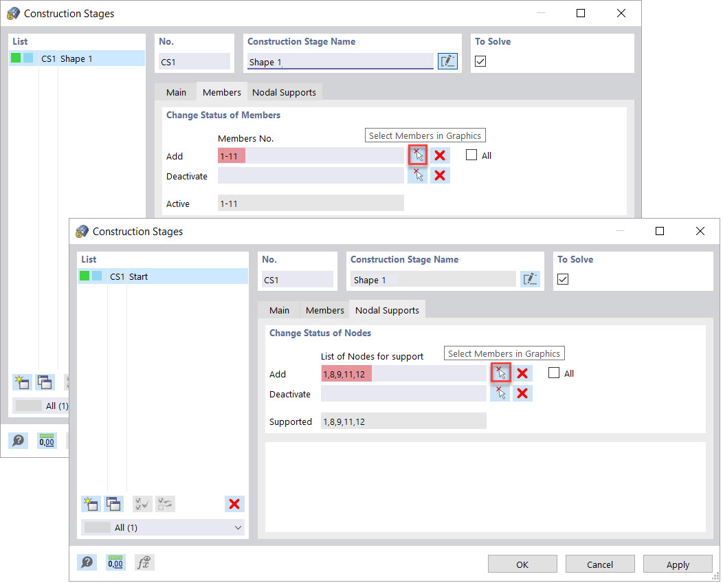 Члены и узловые опоры на этапе строительства 1