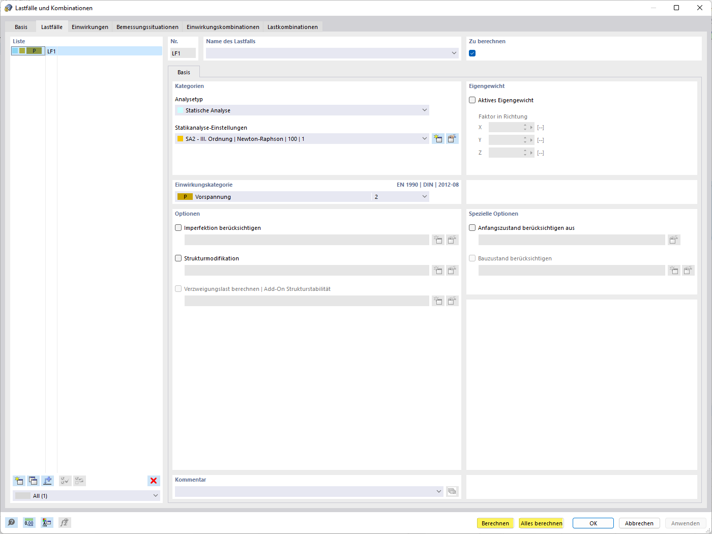 Окно «Нагрузки и сочетания» - Запуск расчёта