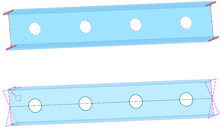 Представление в виде модели стержня (вверху) и в виде модели поверхности (внизу)