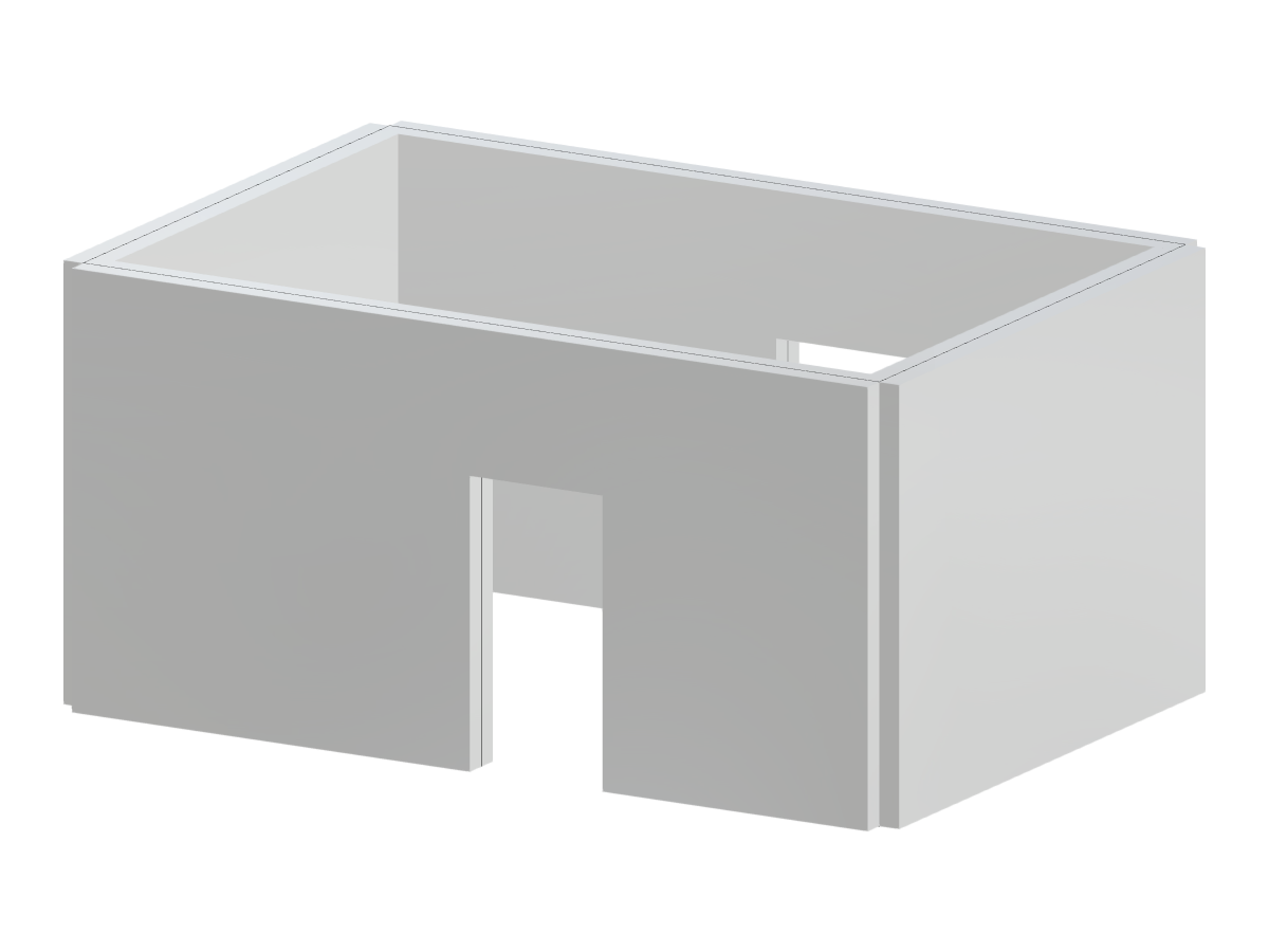 Прямоугольное помещение с четырьмя бетонными стенами, с двумя большими дверными проёмами, расположенными на противоположных сторонах.