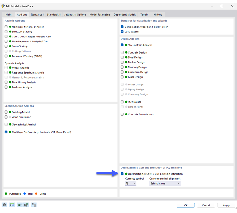 Активация надстройки "Оптимизация и Оценка затрат/Выброс CO₂"
