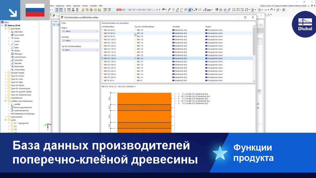 Подробный вид производителя CLT в базе данных с указанием характеристик материалов