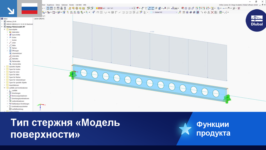 Модель поверхности как тип стержня в расчёте конструкций, визуализированная в 3D-изображении.