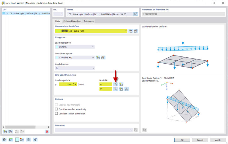 Нагрузка на стержень от нагрузки на свободную линию