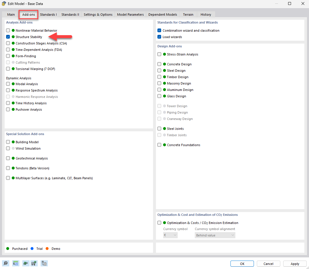Активация аддона Устойчивость конструкции для улучшения расчёта конструкций