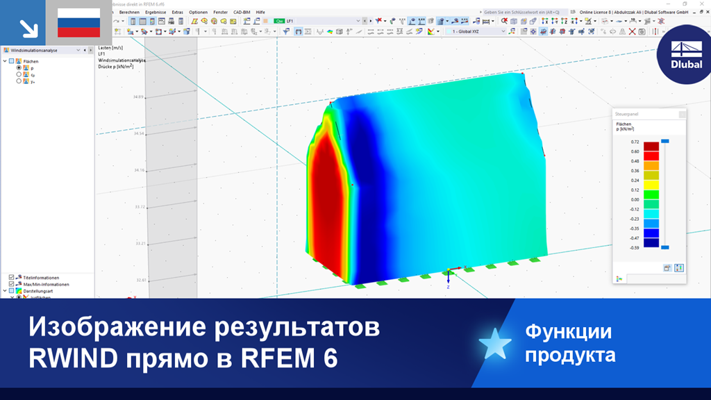 Визуализация результатов моделирования в RWIND в среде RFEM 6, демонстрирующая аэродинамические воздействия на модель конструкции