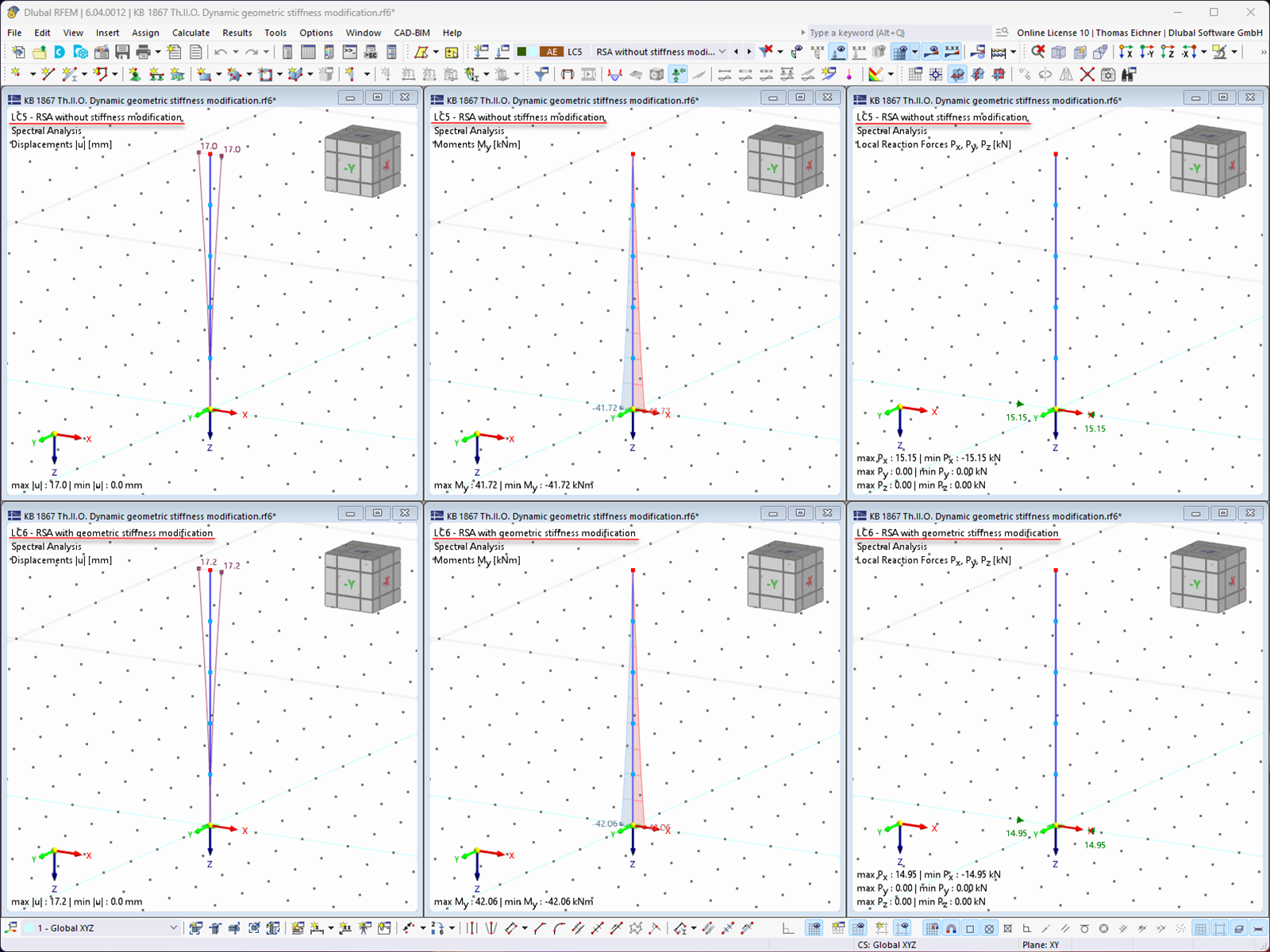 Сравнение результатов без учета геометрической матрицы жесткости (вверху) и с учетом (внизу) (KB1867)