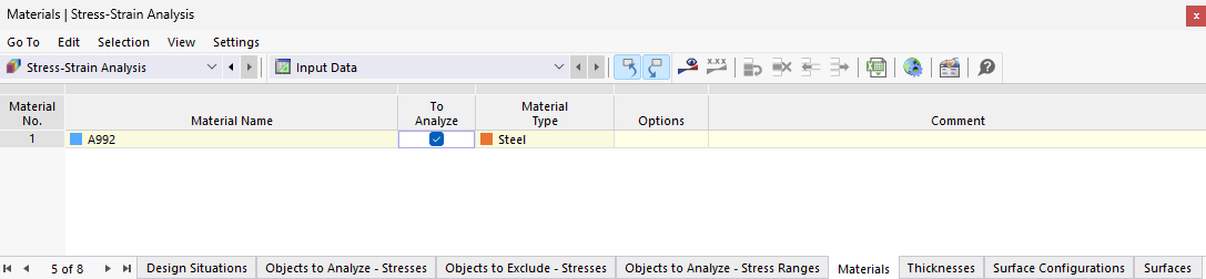 Таблица «Материалы» для расчёта напряжений-деформаций
