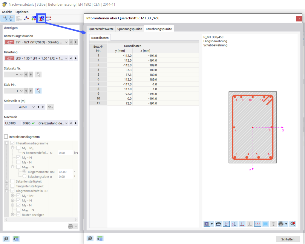 Получить информацию о сечении в «Подробностях расчётной проверки»
