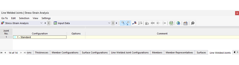 Таблица «Линейные сварные швы» для анализа напряжений и деформаций