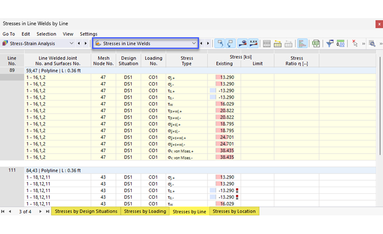 Таблицы результатов «Напряжения в линейных швах» для анализа напряжений и деформаций