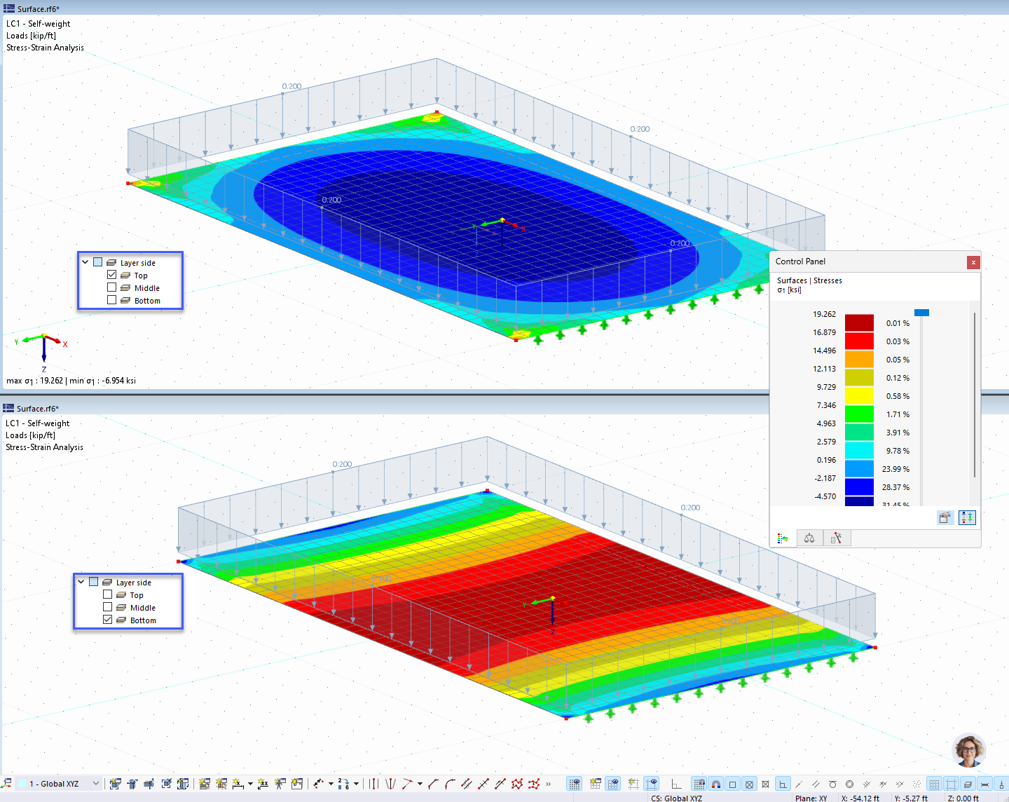 Напряжения в однопролётной плите сверху (вверху) и снизу (внизу)