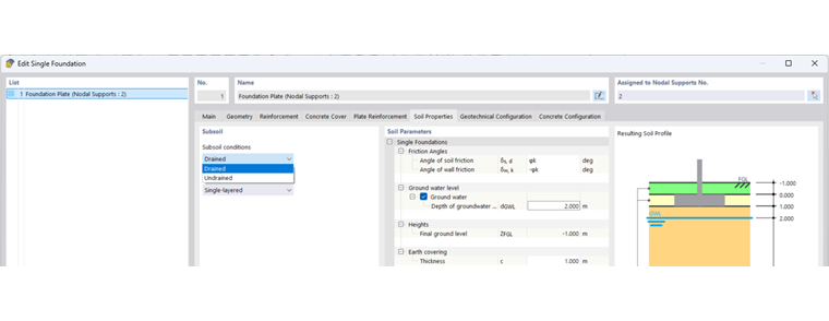 Изображение показывает анализ бетонных фундаментов с учётом грунтовых условий