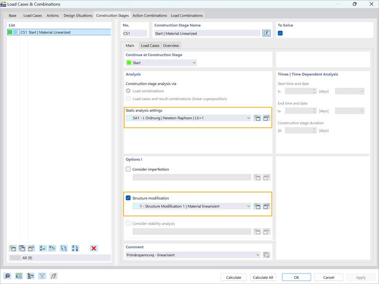 RFEM 6 - Строительные стадии - Основная вкладка в загрузках и комбинациях