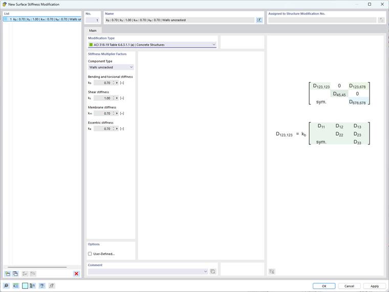 Surface stiffness modification in structural analysis according to ACI 318-9