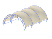 Tensile Membranstruktur unterstützt durch gebogene Stahlfachwerkträger, Form-Finding und Windsimulation im Modell 005546