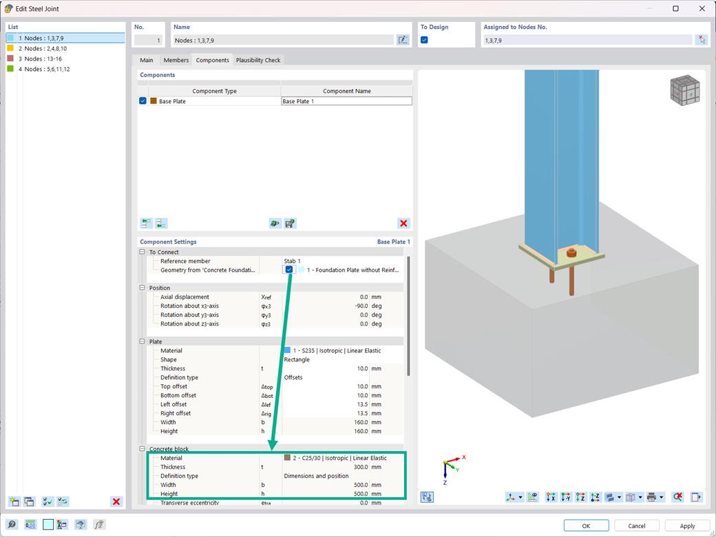 Вид приема размеров фундамента в опорной плите для расчёта фундамента
