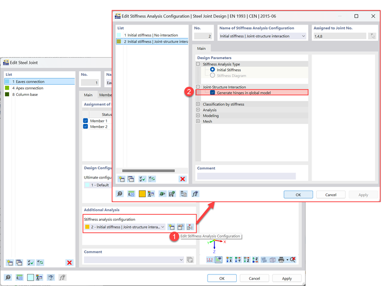 Изображение иллюстрирует взаимодействие соединения и конструкции в расчёте стального соединения.