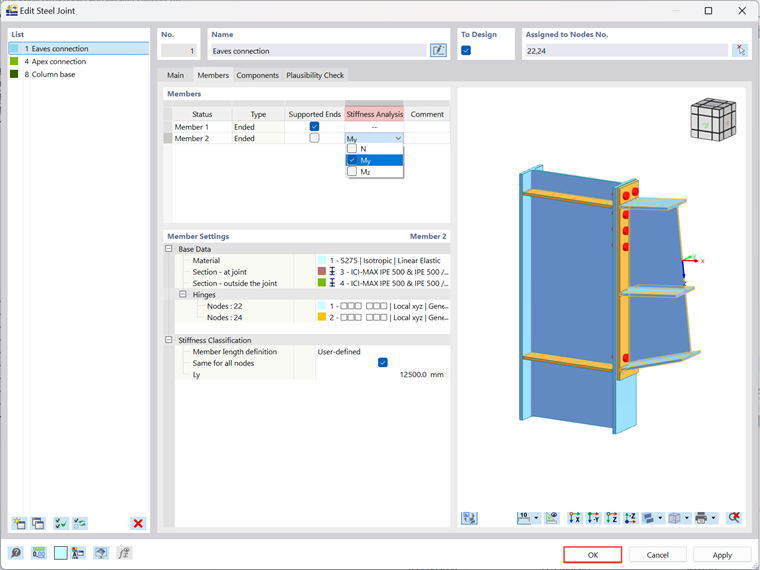 Интерфейс, отображающий настройки анализа жёсткости для конструктивных элементов с использованием аддона «Стальные соединения»