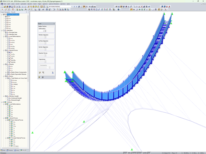 Das Bild zeigt das RFEM-Modell der LaPendenta-Hängebrücke in Disentis/Mustér mit einer detaillierten Verformungsanalyse.