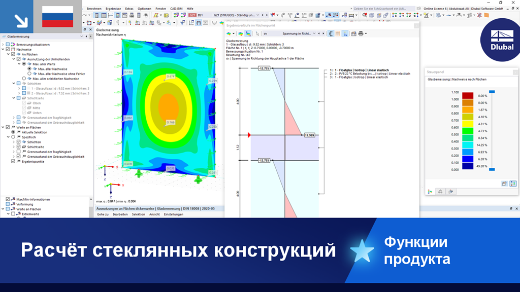 Детальный вид расчёта стекла, наглядно отображающий структурные характеристики и нагрузки стекла.
