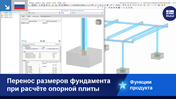Визуализация переноса отдельных размеров фундамента при расчёте базы в программе. Скриншот диалогового окна с опциональными полями ввода для параметров, таких как ширина, длина и глубина. Существуют визуальные подсказки по использованию этих параметров в расчёте. Профессиональная инженерная модель ПО для поддержки расчёта конструкций.