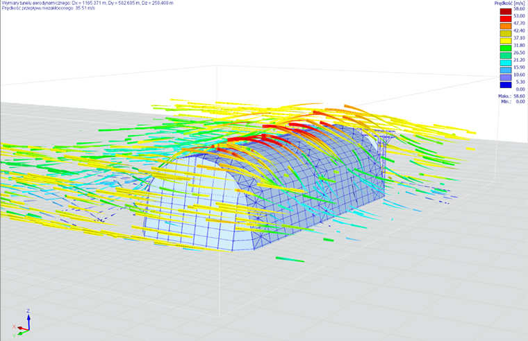 Wizualizacja odtwórczego projektu wojskowego hangaru dla sterowców z okresu I Wojny Światowej, wykonana w programach RFEM 6 i RSTAB 9.
