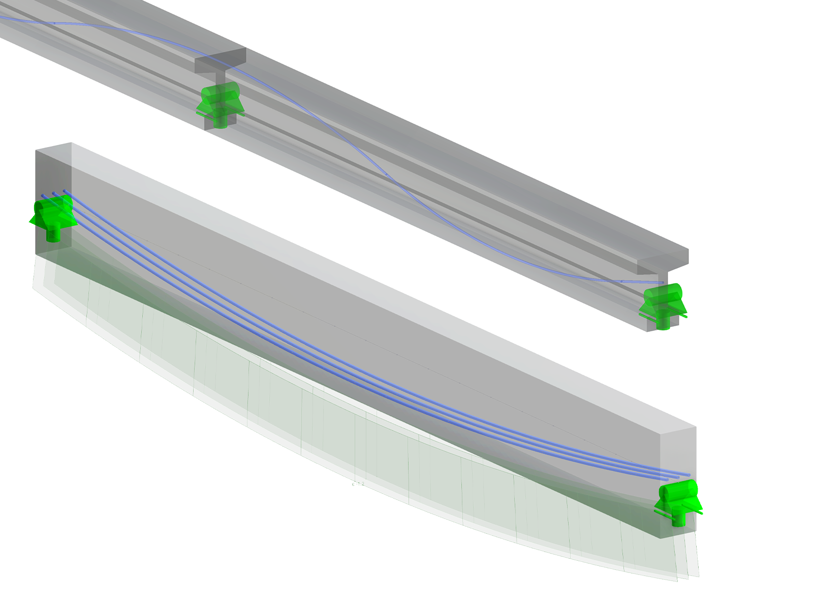 Concrete beams reinforced using the Tendons add-on for RFEM 6, showcasing prestressed reinforcement techniques.