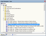 Навигатор данных для дополнительного модуля RF-STEEL EC3 показывает структурированный обзор модулей
