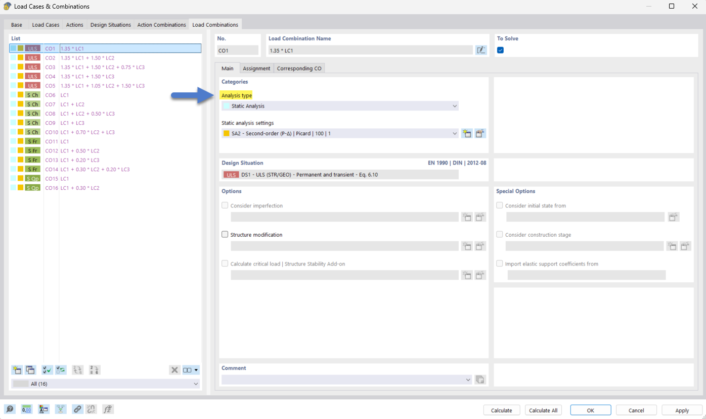 Изображение анализа участка в статической системе, демонстрирующее различные сценарии нагрузки