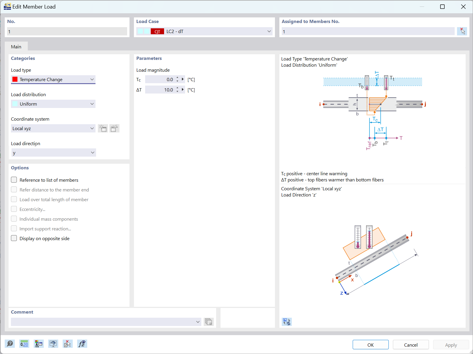 Визуализация RFEM 6 с настройкой типа нагрузки изменения температуры с температурой оси и корректировкой разности температур.