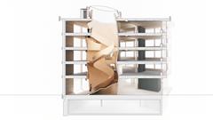 Querschnitt eines Gebäudes zeigt Atrium in der Mitte des Bauwerks, inklusive Innenstruktur und architektonischer Details. (© Blumer-Lehmann AG)