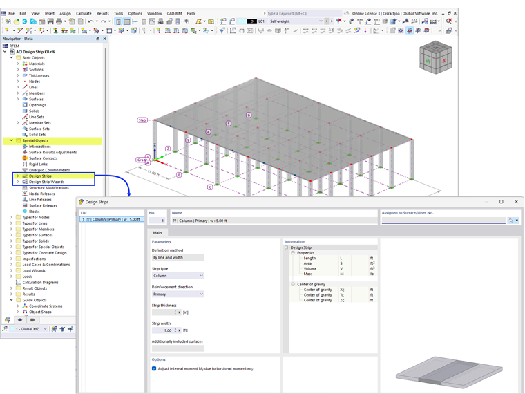 Interface showing the process of creating new design strips, highlighting input fields and options for structural analysis and design.