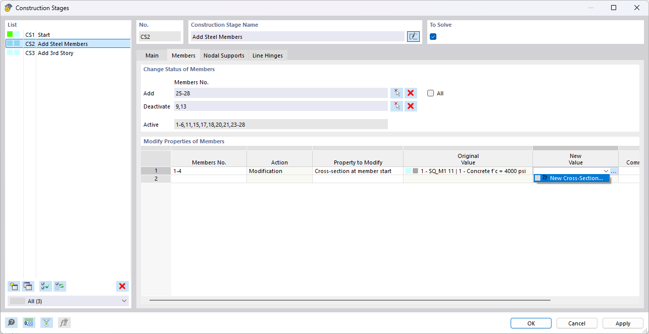 Управление и настройка характеристик конструкций в модели стадии строительства.