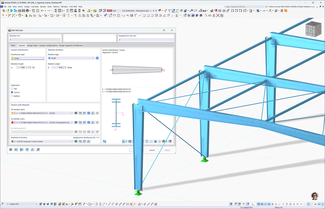Интерфейс RFEM 6 с изображением модели стального зала с акцентом на диалоговое окно настроек элемента с изменяющимся сечением.