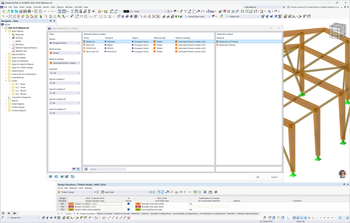 Библиотека материалов, показывающая варианты LVL от таких производителей, как Pollmeier, Metsä, STEICO и Stora Enso, для расчёта по EN 1995-1-1.